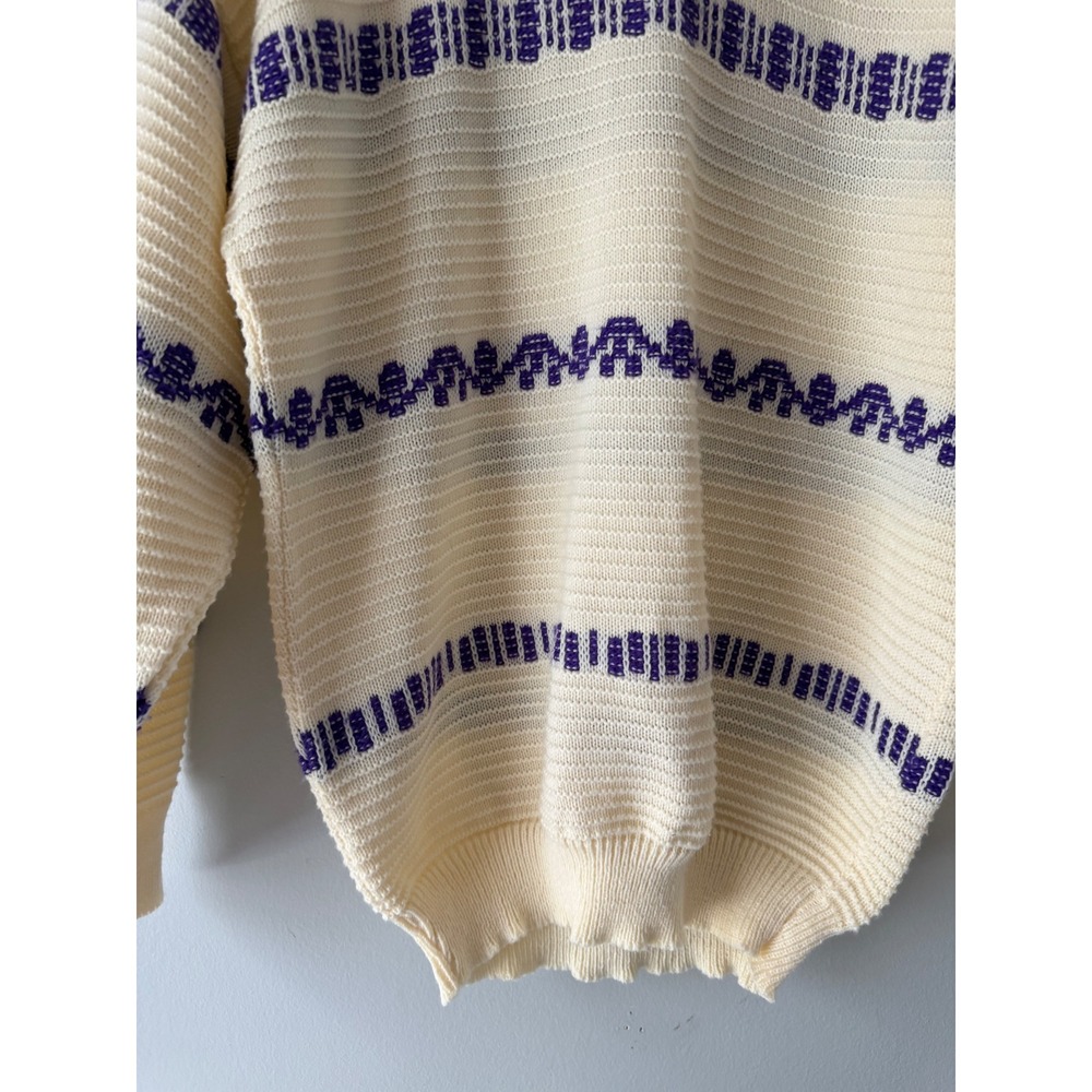 Vintage American Pride Crew Neck Knit Sweater Cream Purple Stripes Made in USA L - Picture 7 of 9